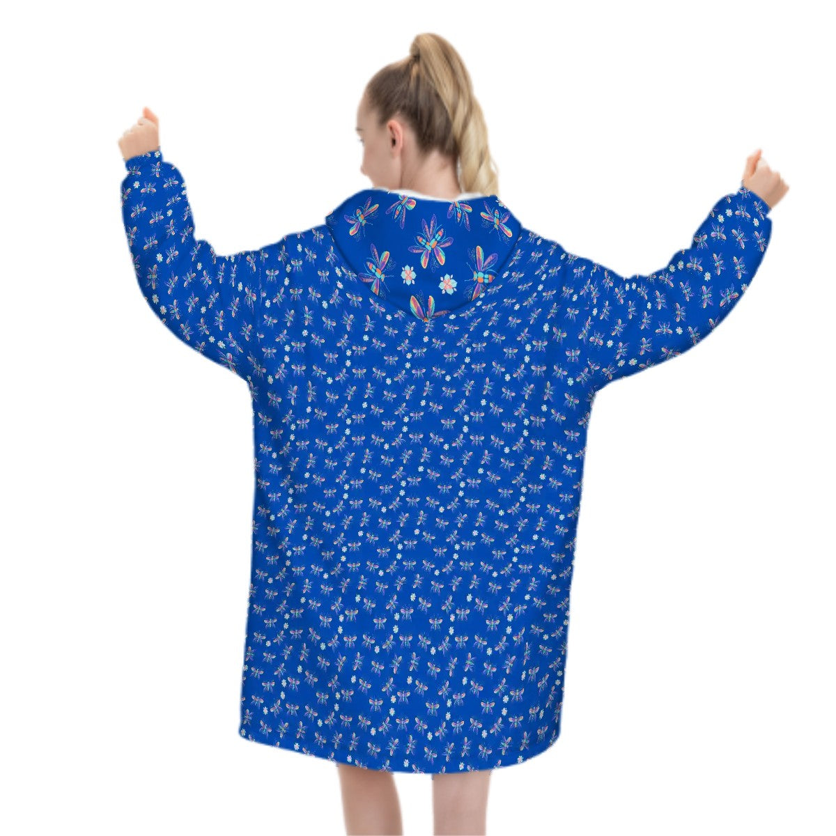 "Iridescent Flight" Blue Blanket Hoodie – Cozy Whimsical Loungewear with Dragonflies
