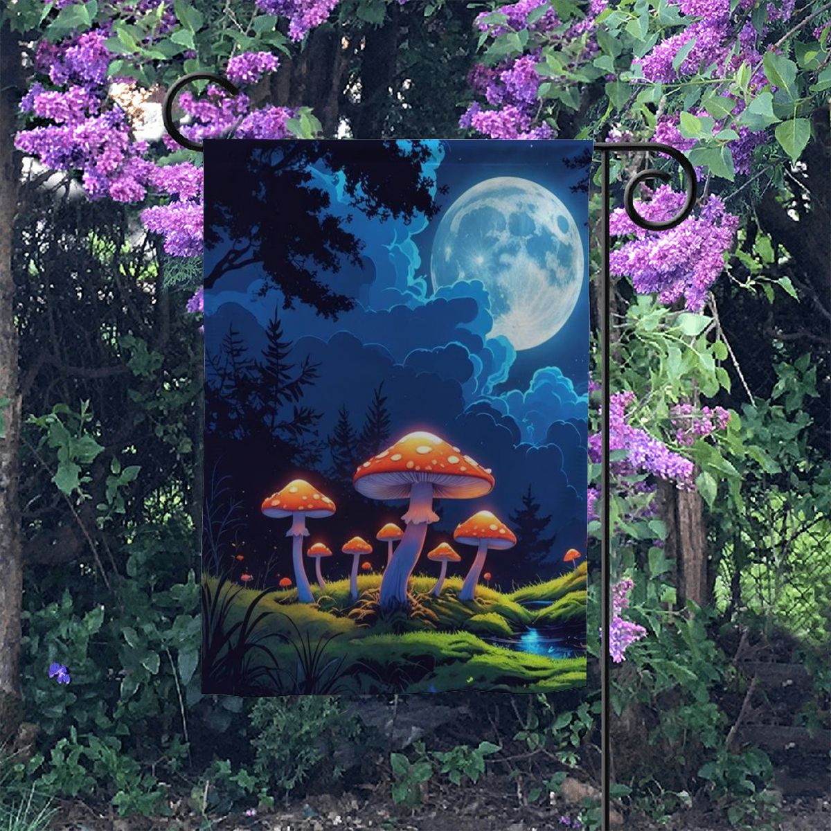 Lunar Mushrooms Garden Flag – Glowing Mushrooms and Full Moon Yard Banner