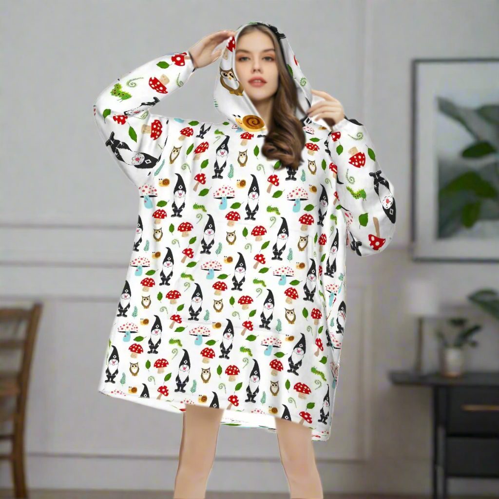 "Woodland Magic" Blanket Hoodie – Cozy Whimsical Loungewear with Gnomes