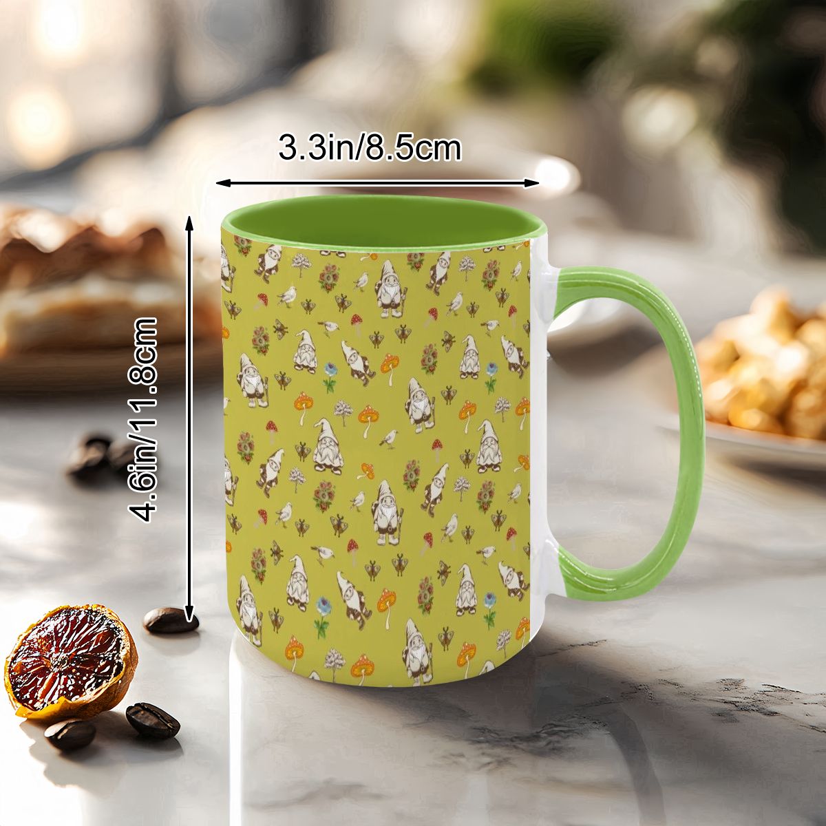 "Forest Folk, Olive Yellow" 15oz Mushroom and Gnome Mug - Rabbit Haven