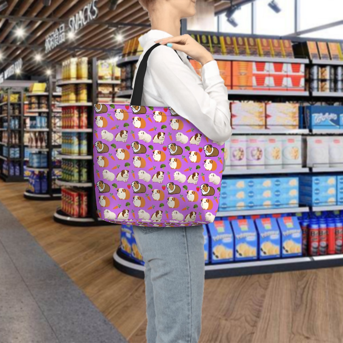 “Cavy Crew” Shoulder Bag – Cute Guinea Pig Pattern, Purple Background, Large Zip-Top Purse, Animal Lover Gift