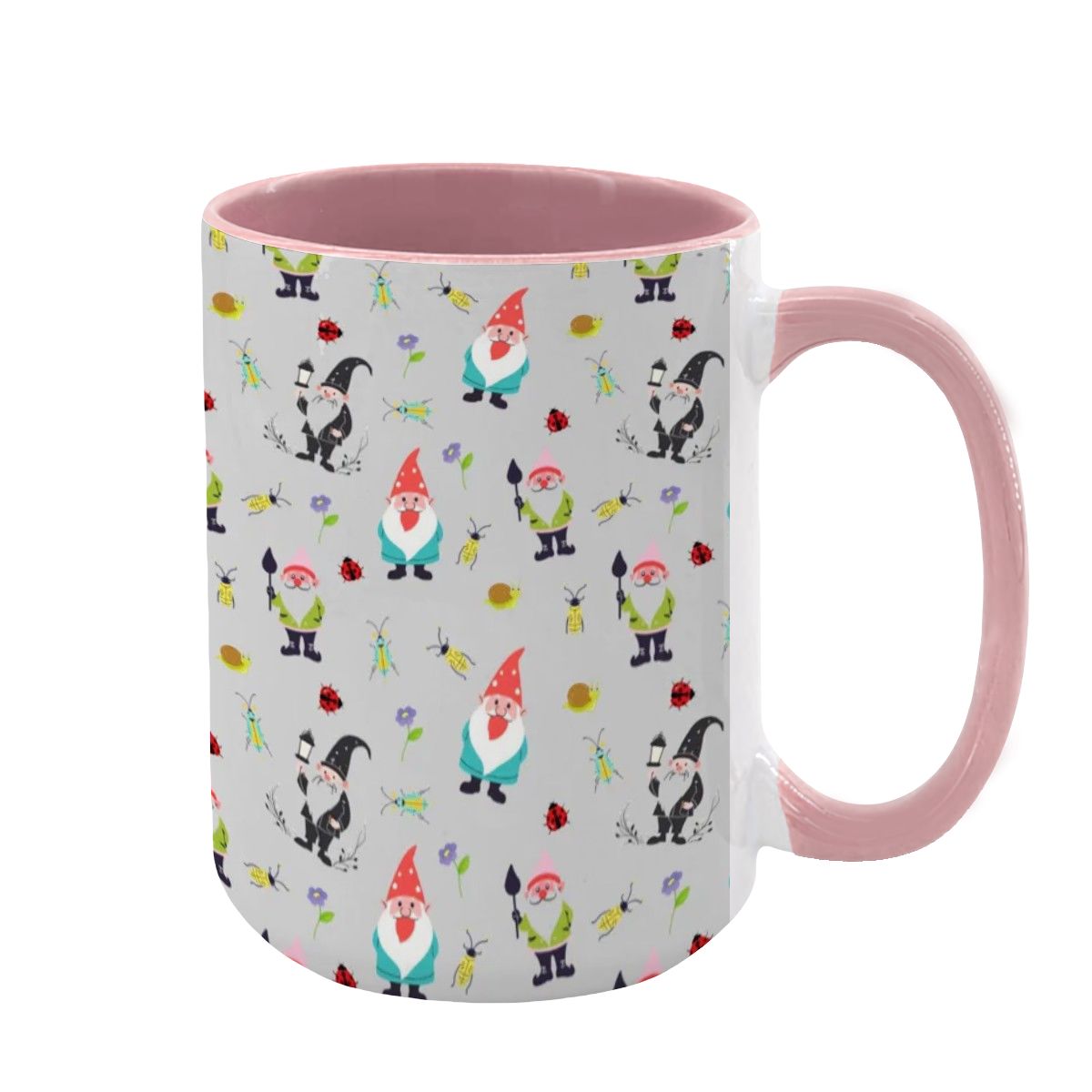 “Gnome Trails” 15oz Mug – Whimsical Gnome Pattern, Large Coffee Cup, Grey Background, Woodland Forest Gift