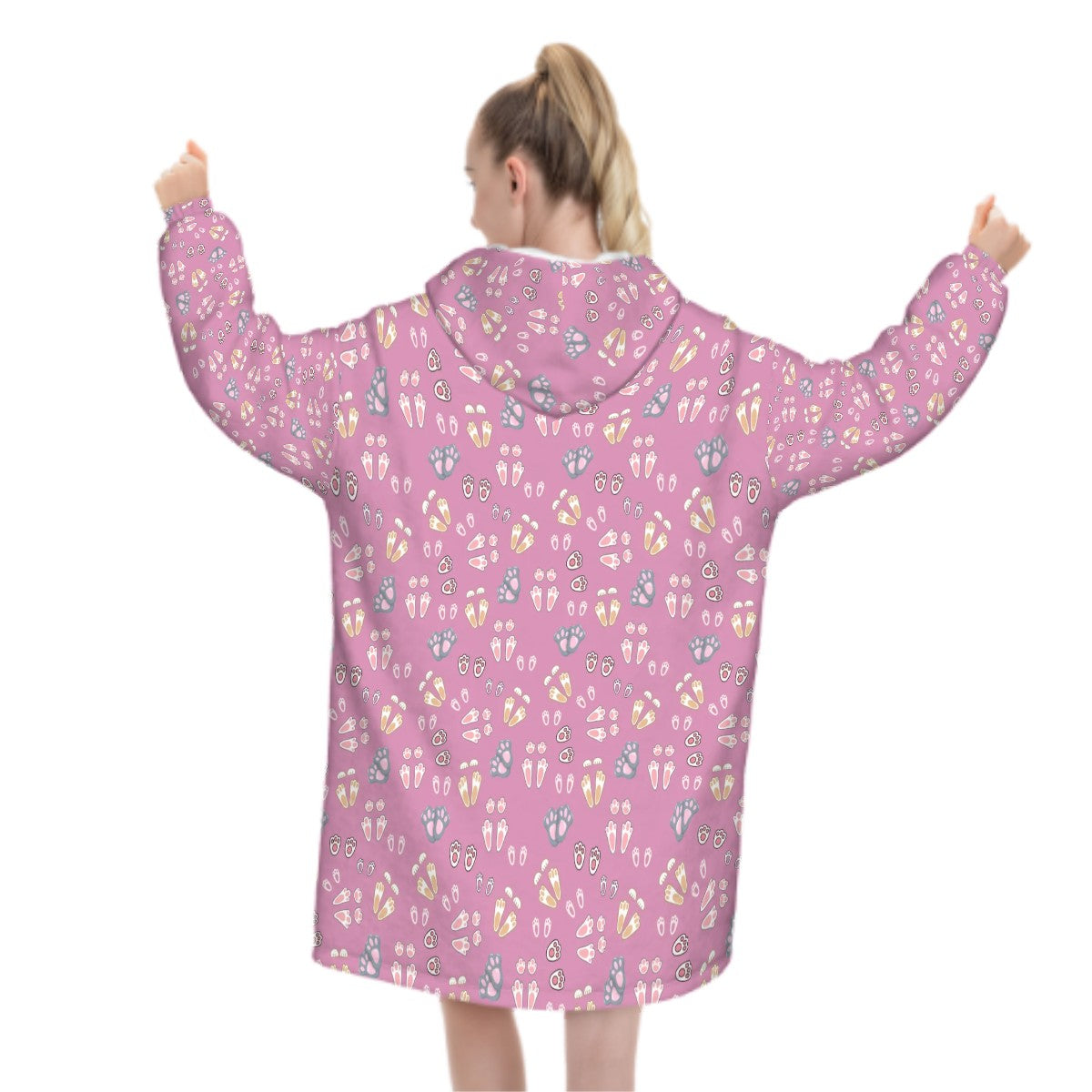 "Bunny Tracks" Adult Blanket Hoodie – Dusty Rose Background, Cute Rabbit Footprint Print