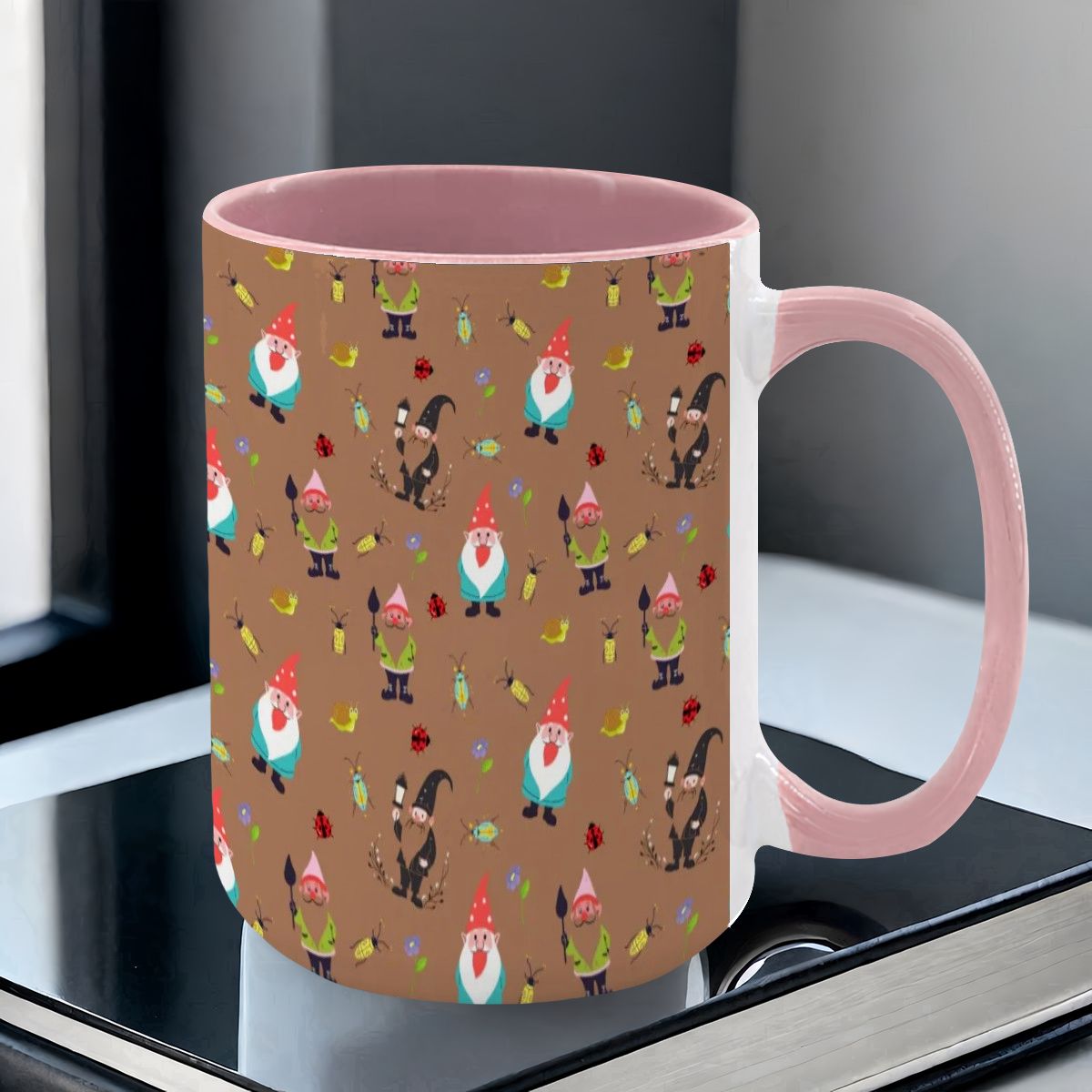 “Gnome Trails” 15oz Mug – Whimsical Gnome Pattern, Large Coffee Cup, Brown Background, Woodland Forest Gift