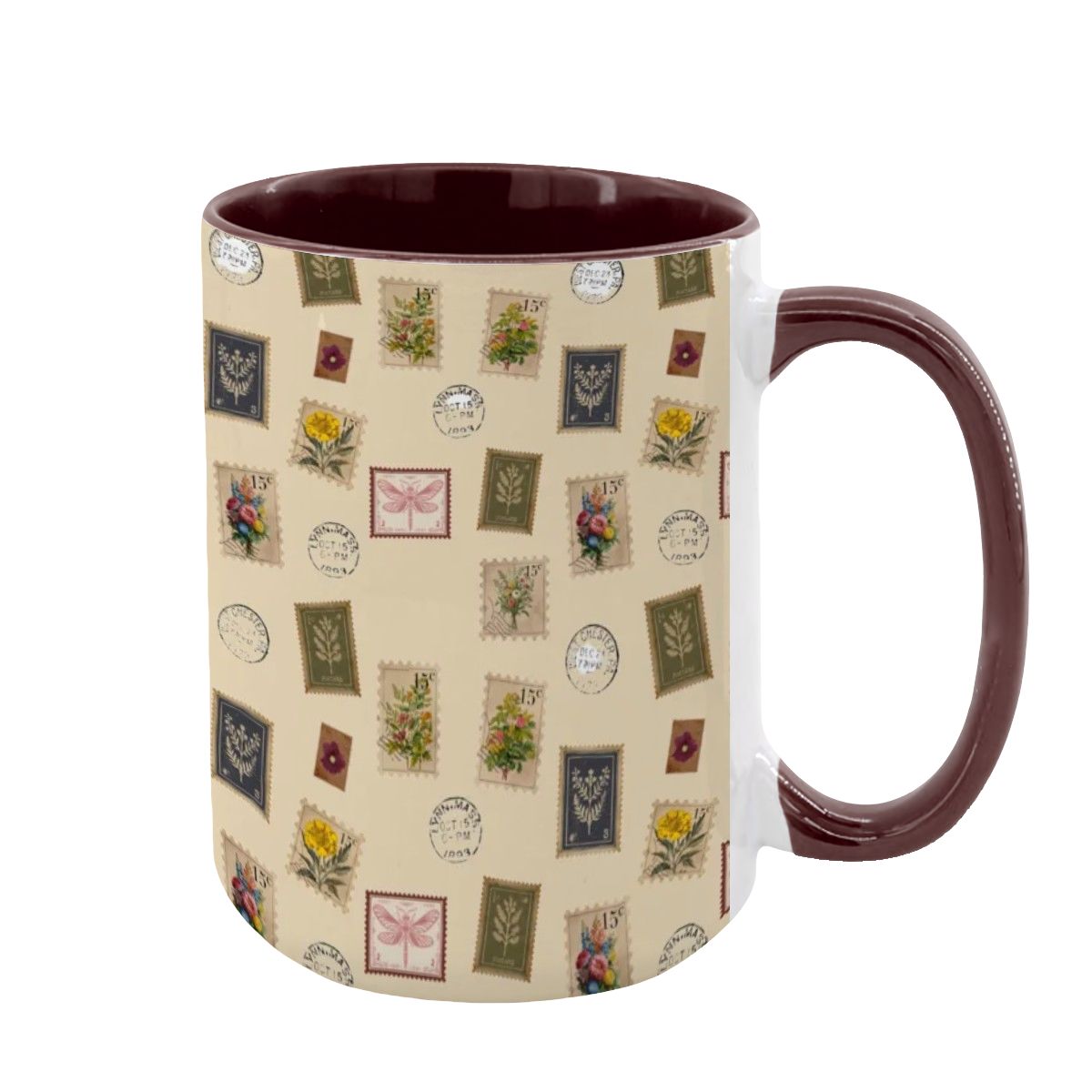 "Garden Postage" 15oz Mug – Vintage Botanical Stamp Print on Cream | Large Floral Coffee Cup by Rabbit Haven