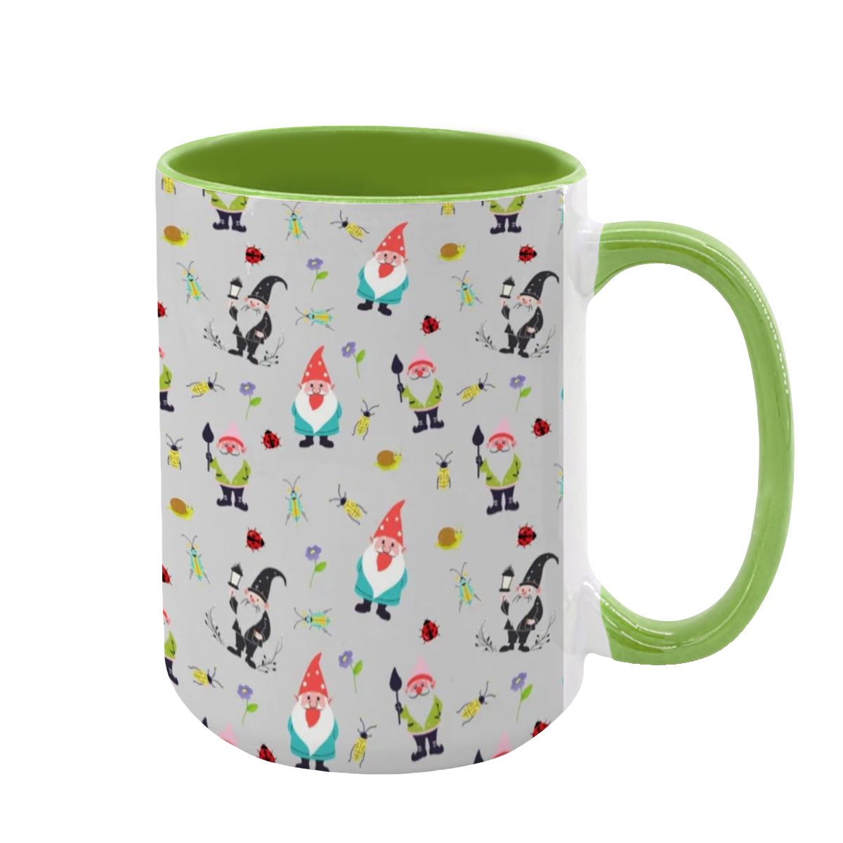 “Gnome Trails” 15oz Mug – Whimsical Gnome Pattern, Large Coffee Cup, Grey Background, Woodland Forest Gift
