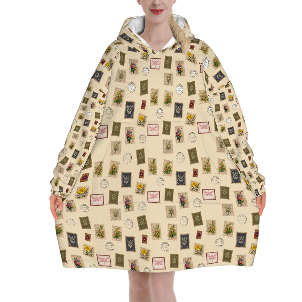 "Garden Postage" Adult Blanket Hoodie – Cream Background, Cozy Floral Stamp Print