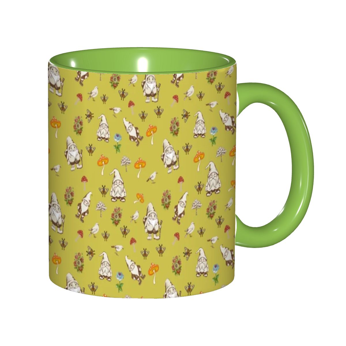 "Forest Folk, Olive Yellow" 11oz Mushroom and Gnome Mug - Rabbit Haven