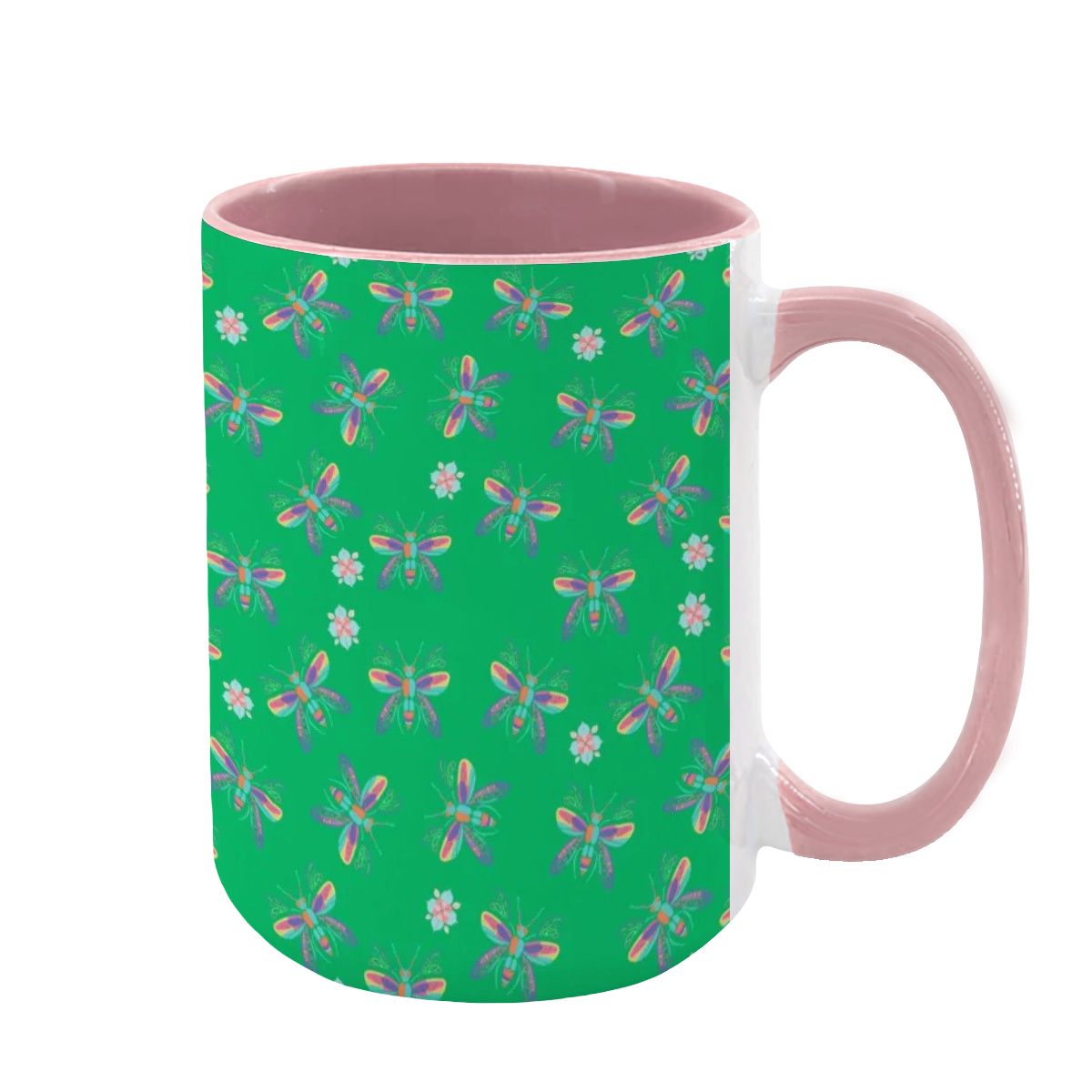 “Iridescent Flight” 15oz Mug – Dragonfly Print, Green Background, Large Coffee Cup, Whimsical Nature Gift