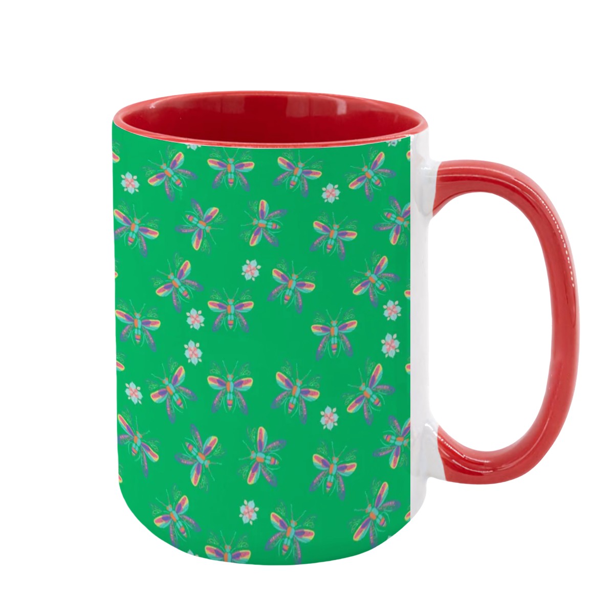 “Iridescent Flight” 15oz Mug – Dragonfly Print, Green Background, Large Coffee Cup, Whimsical Nature Gift