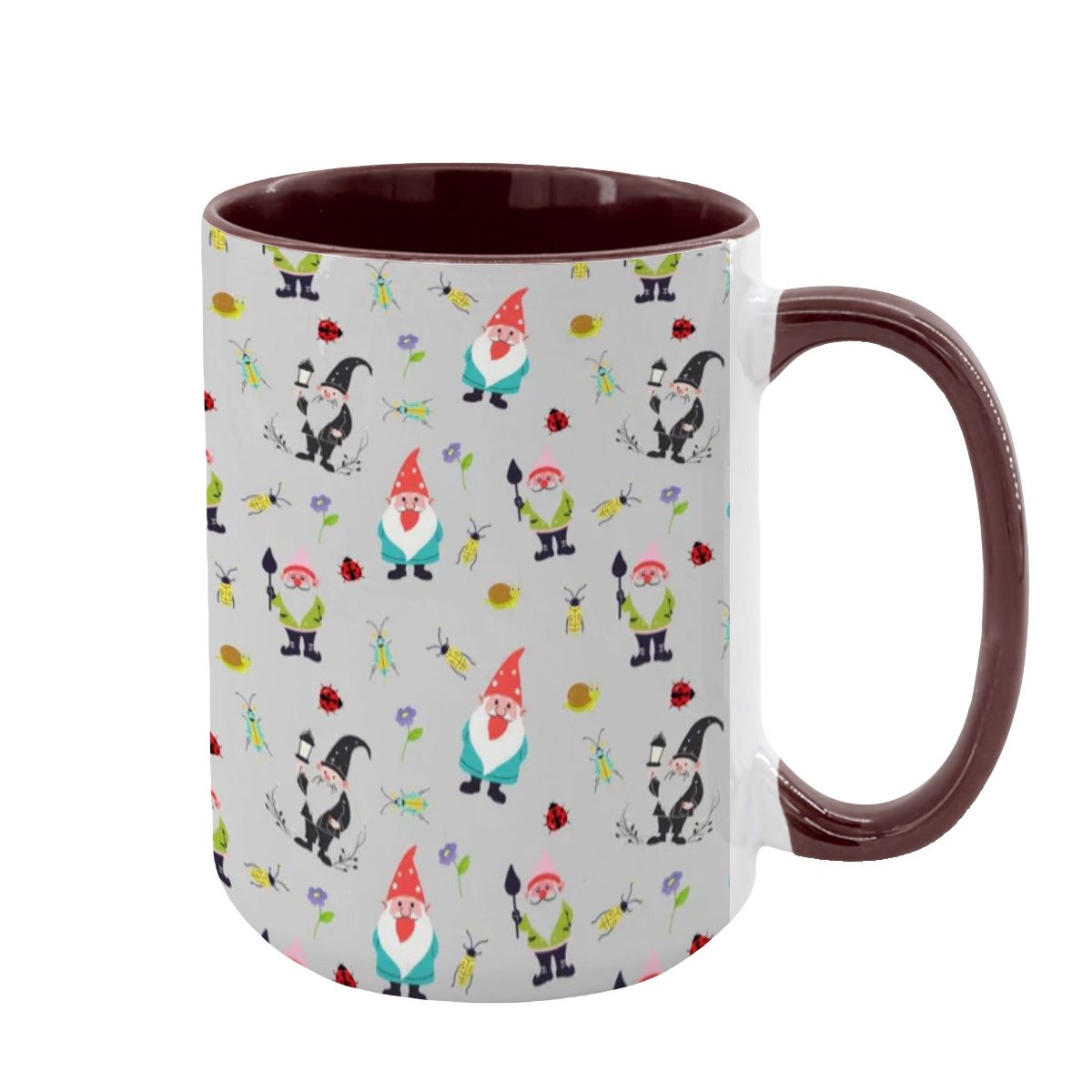 “Gnome Trails” 15oz Mug – Whimsical Gnome Pattern, Large Coffee Cup, Grey Background, Woodland Forest Gift