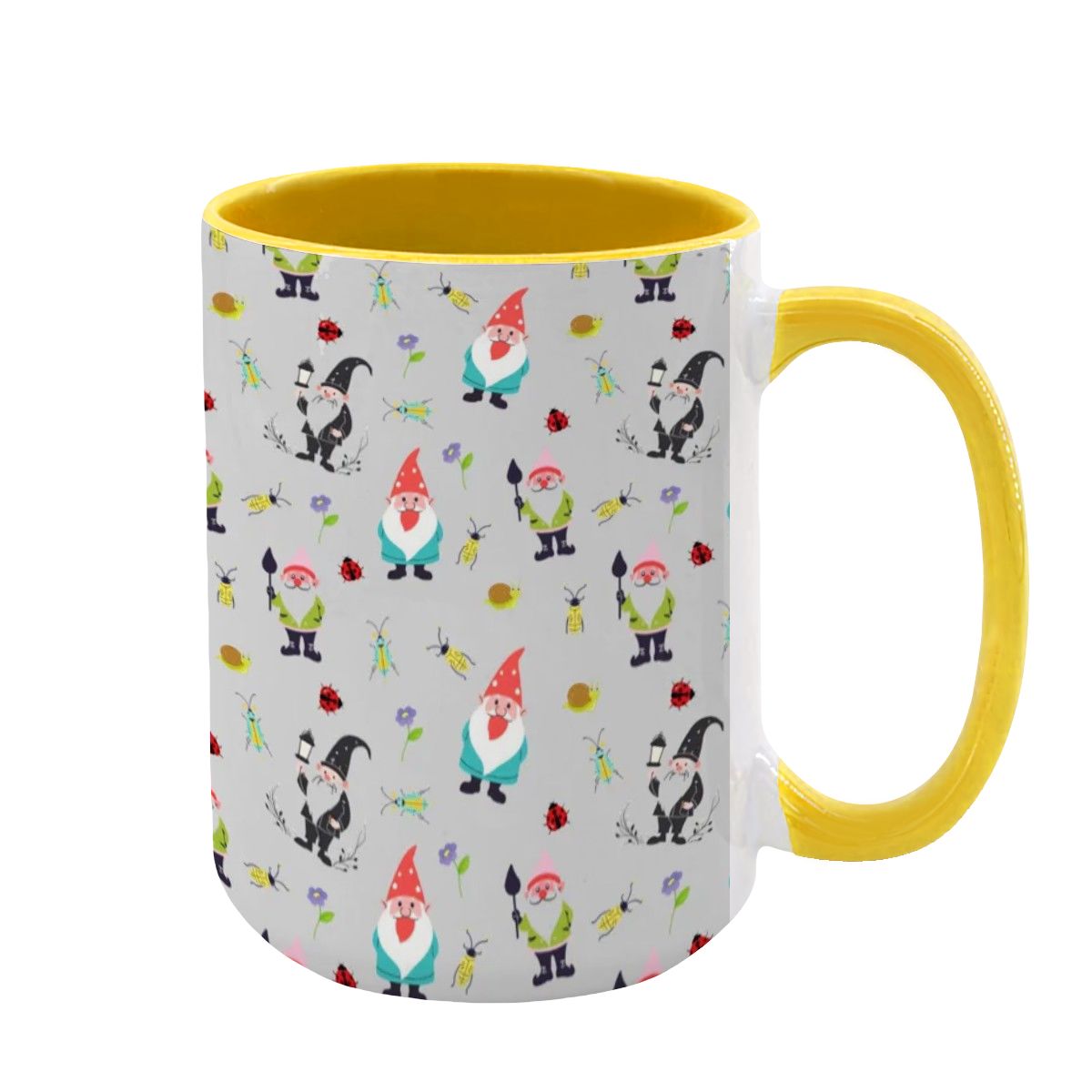 “Gnome Trails” 15oz Mug – Whimsical Gnome Pattern, Large Coffee Cup, Grey Background, Woodland Forest Gift