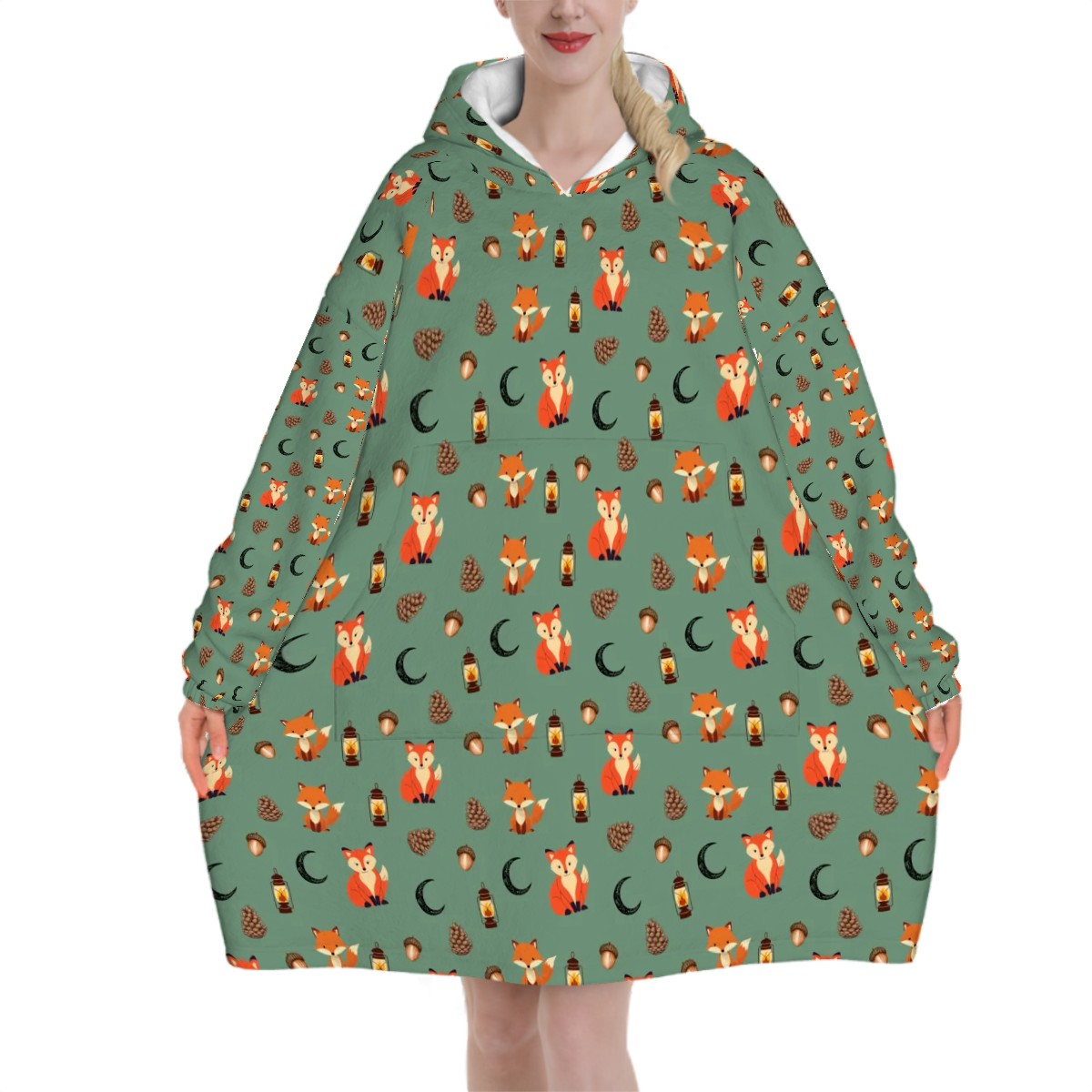 Foxlight Trail Blanket Hoodie – Woodland Foxes, Lanterns & Pinecones on Forest Green | Ultra-Soft Flannel, Cozy Loungewear for Nature Lovers