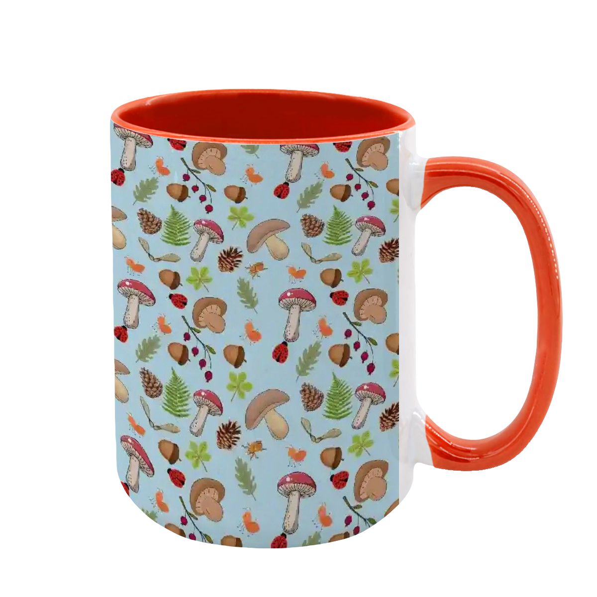 “Forest Floor” 15oz Mug – Blue Background, Mushrooms, Insects, Acorns, Leaves & Ferns, Woodland Nature Coffee Cup