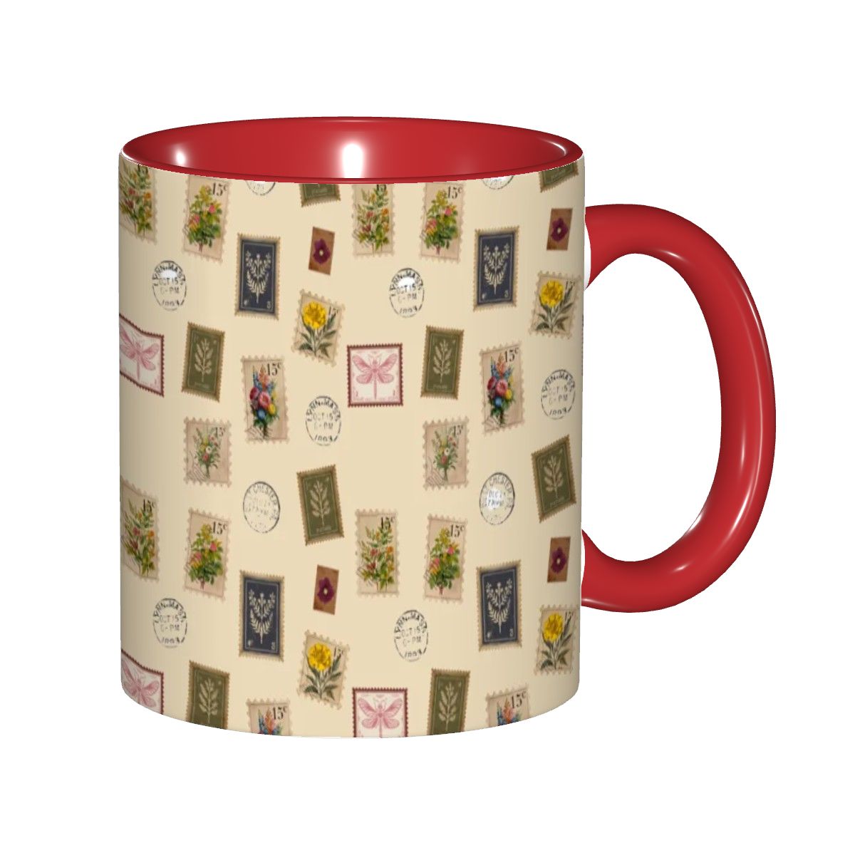 "Garden Postage"11oz Mug – Vintage Botanical Stamp Print on Cream | Floral Coffee Cup by Rabbit Haven
