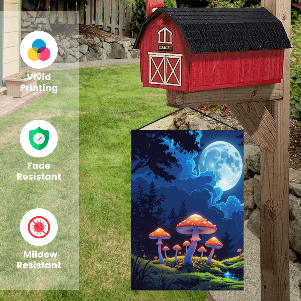 Lunar Mushrooms Garden Flag – Glowing Mushrooms and Full Moon Yard Banner