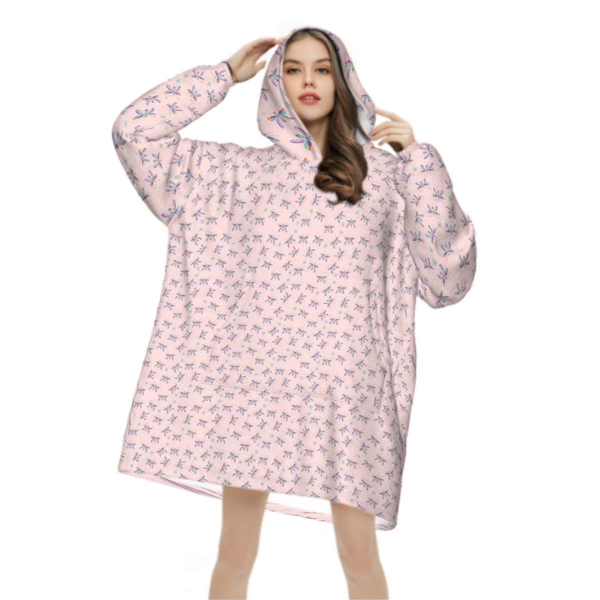"Iridescent Flight" Pink Blanket Hoodie – Cozy Whimsical Loungewear with Dragonflies