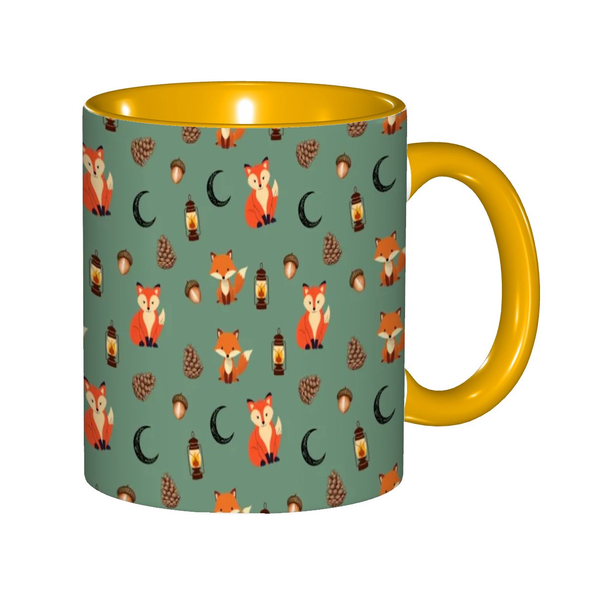 Foxlight Trail 11oz Mug – Whimsical Fox & Forest Lanterns on Muted Green | Woodland Coffee Cup by Rabbit Haven