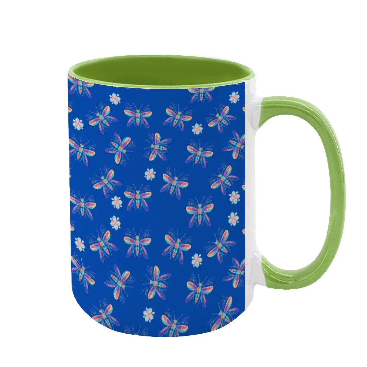 “Iridescent Flight” 15oz Mug – Dragonfly Print, Blue Background, Large Coffee Cup, Whimsical Nature Gift