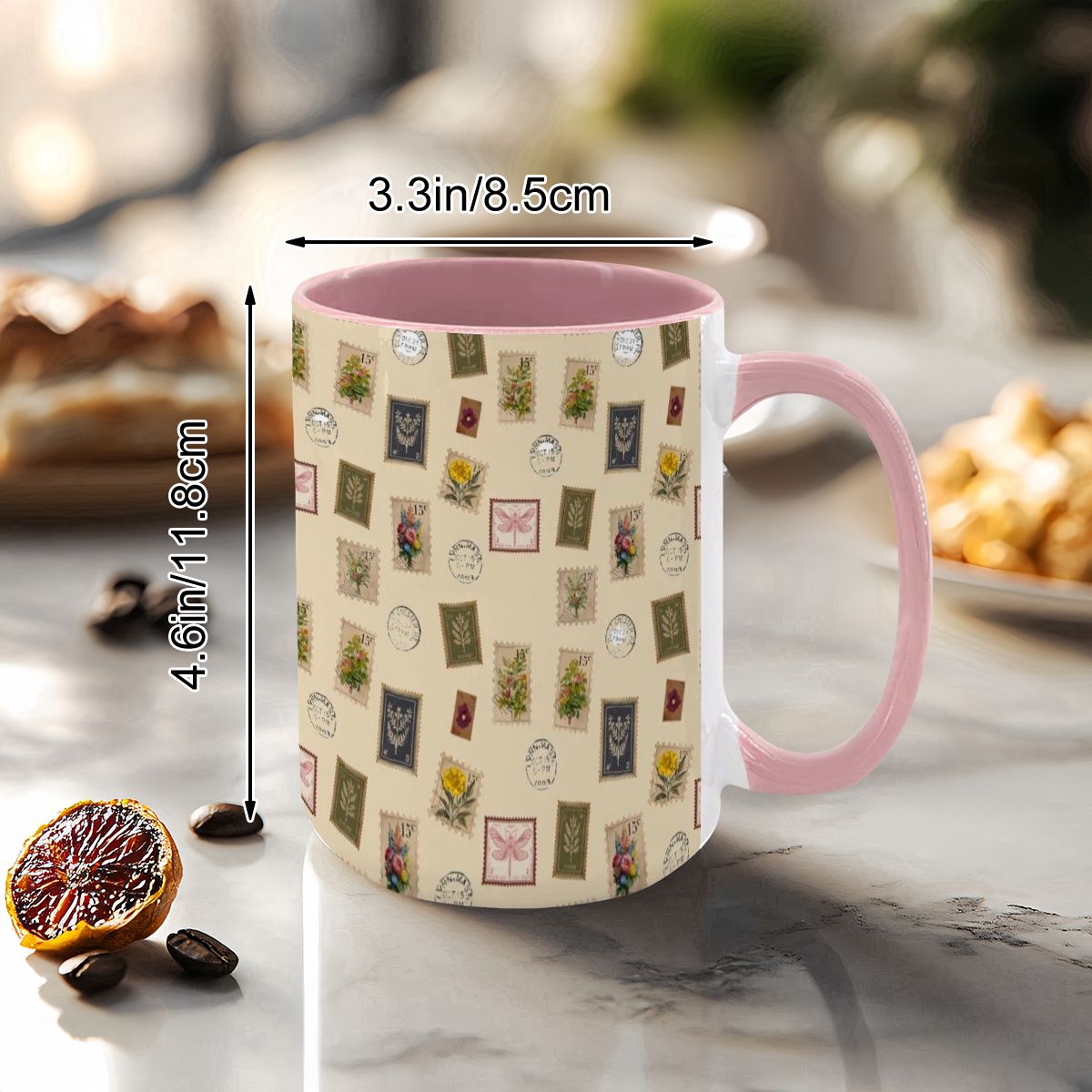 "Garden Postage" 15oz Mug – Vintage Botanical Stamp Print on Cream | Large Floral Coffee Cup by Rabbit Haven