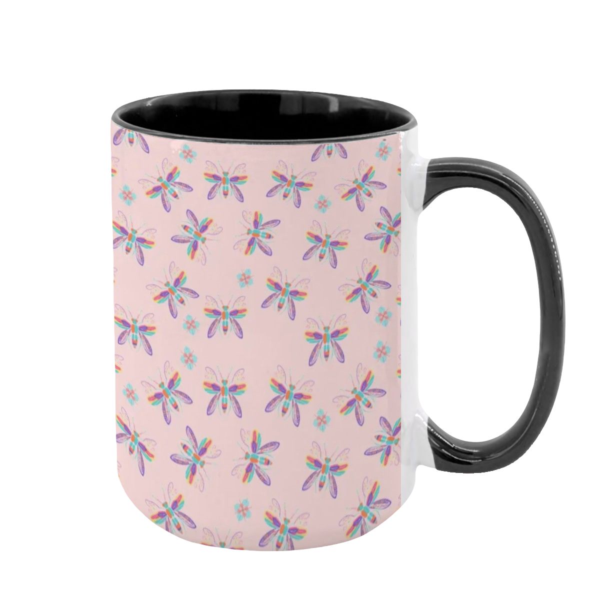 “Iridescent Flight” 15oz Mug – Dragonfly Print, Pink Background, Large Coffee Cup, Whimsical Nature Gift