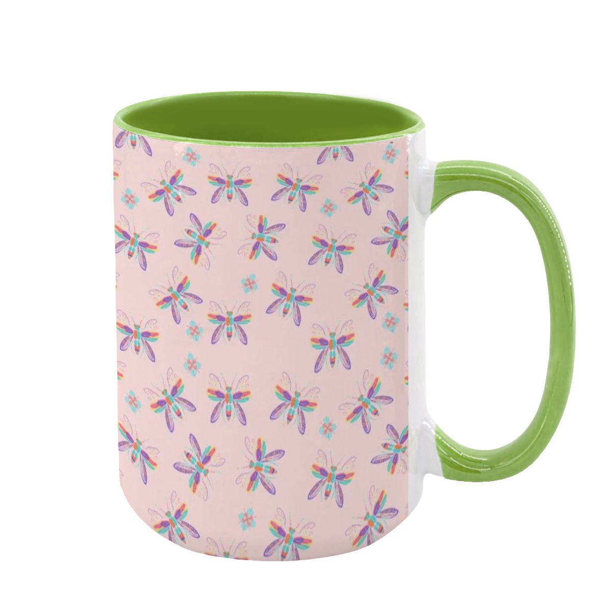 “Iridescent Flight” 15oz Mug – Dragonfly Print, Pink Background, Large Coffee Cup, Whimsical Nature Gift