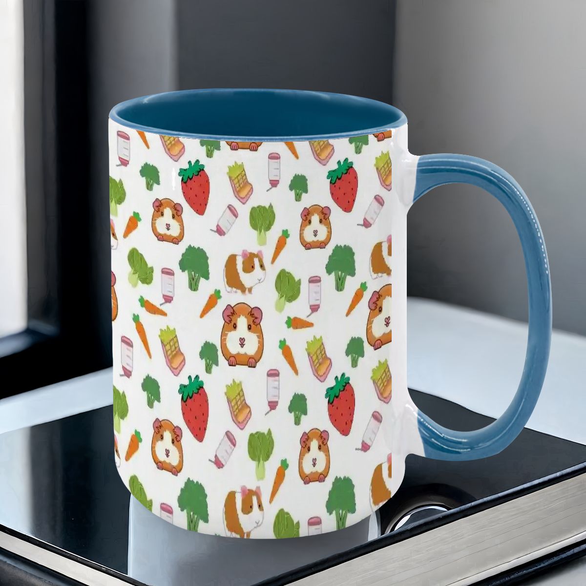 “Guinea Pig Picnic” 15oz Mug – Cute Guinea Pig, Veggies & Feeding Dishes Pattern, Large Coffee Cup, Pet Lover Gift