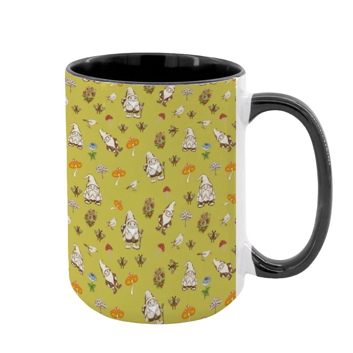 "Forest Folk, Olive Yellow" 15oz Mushroom and Gnome Mug - Rabbit Haven