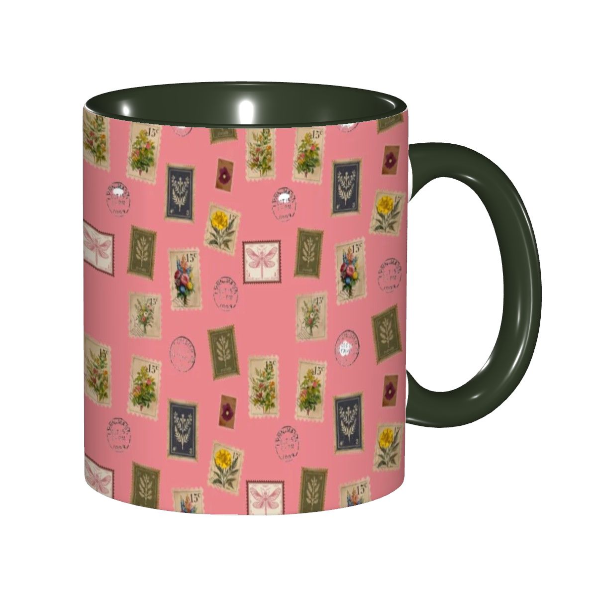 "Garden Postage"11oz Mug – Vintage Botanical Stamp Print on Pastel Rose | Floral Coffee Cup by Rabbit Haven