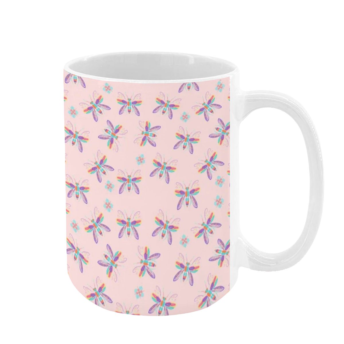 “Iridescent Flight” 15oz Mug – Dragonfly Print, Pink Background, Large Coffee Cup, Whimsical Nature Gift