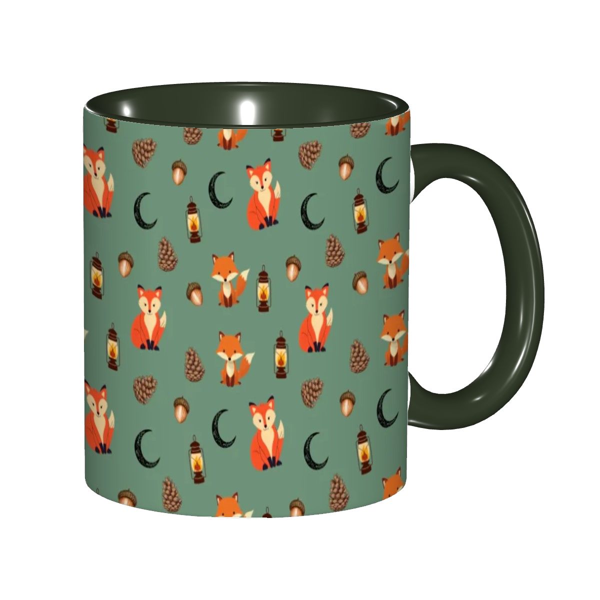 Foxlight Trail 11oz Mug – Whimsical Fox & Forest Lanterns on Muted Green | Woodland Coffee Cup by Rabbit Haven