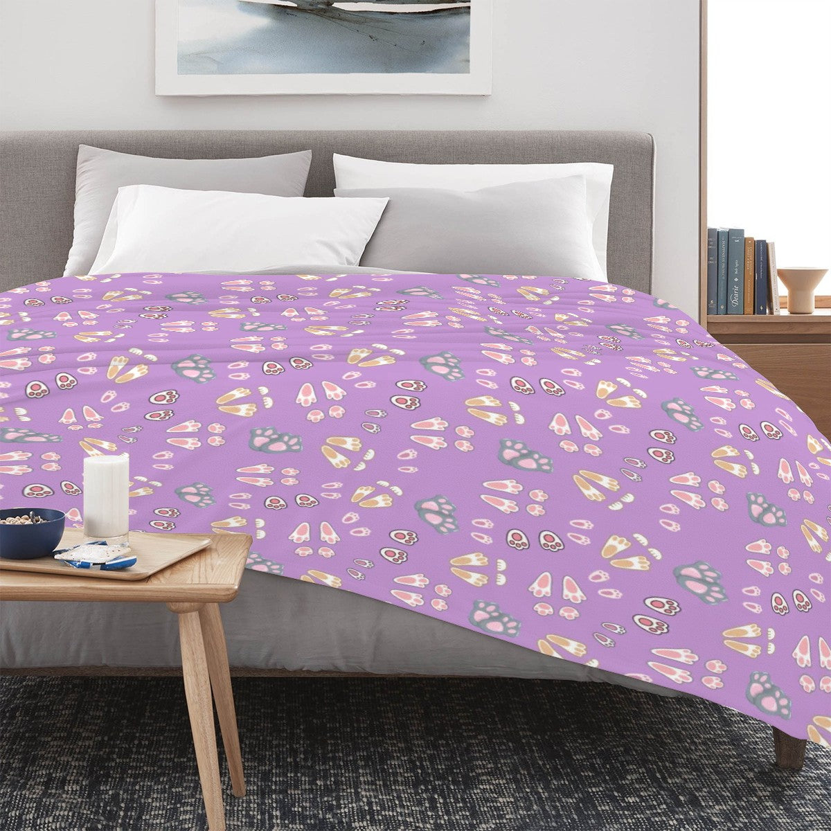 “Bunny Tracks” Blanket – Lavender Background, Cute Rabbit Paw Print Pattern, Cozy Fleece Throw, Woodland Animal Decor