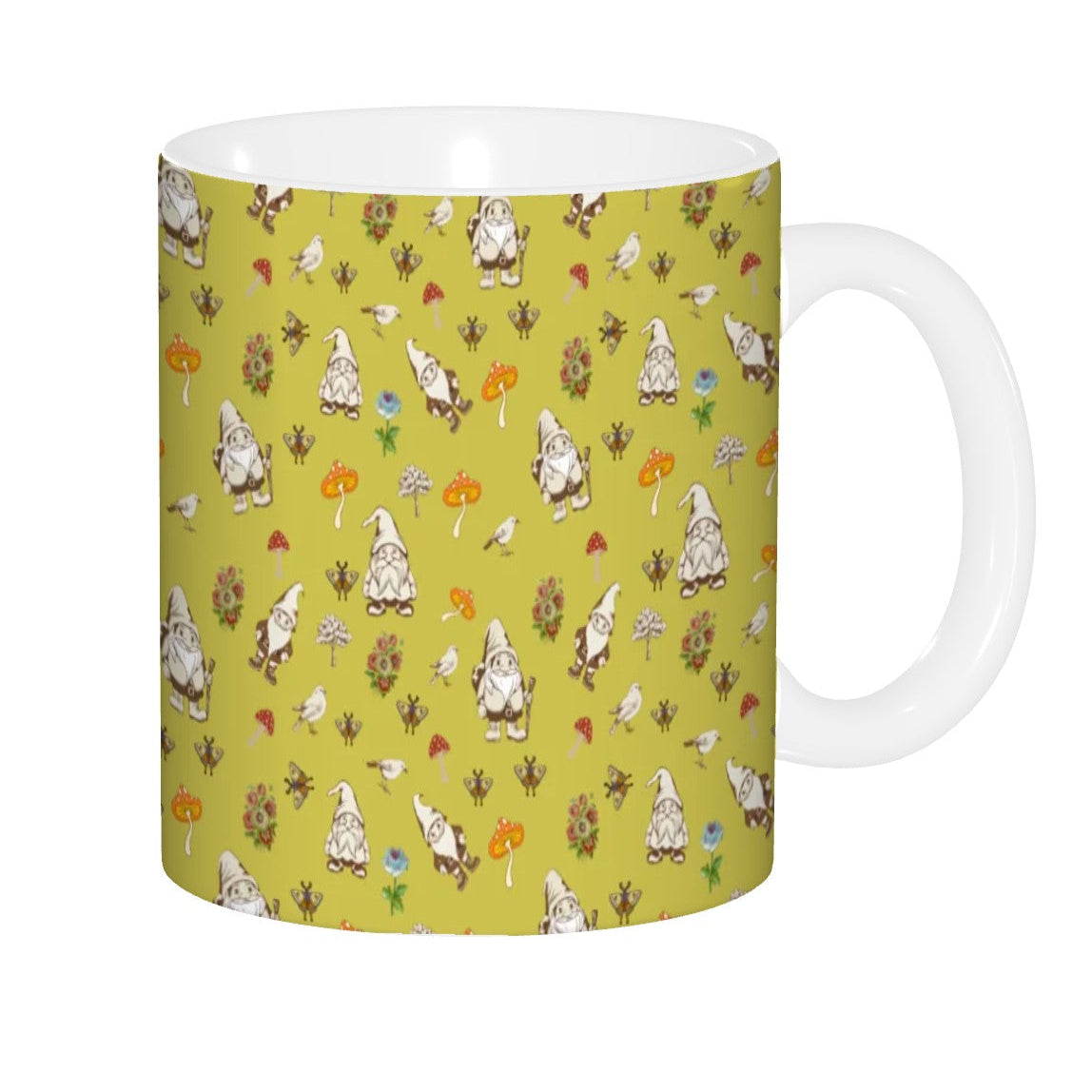 "Forest Folk, Olive Yellow" 11oz Mushroom and Gnome Mug - Rabbit Haven