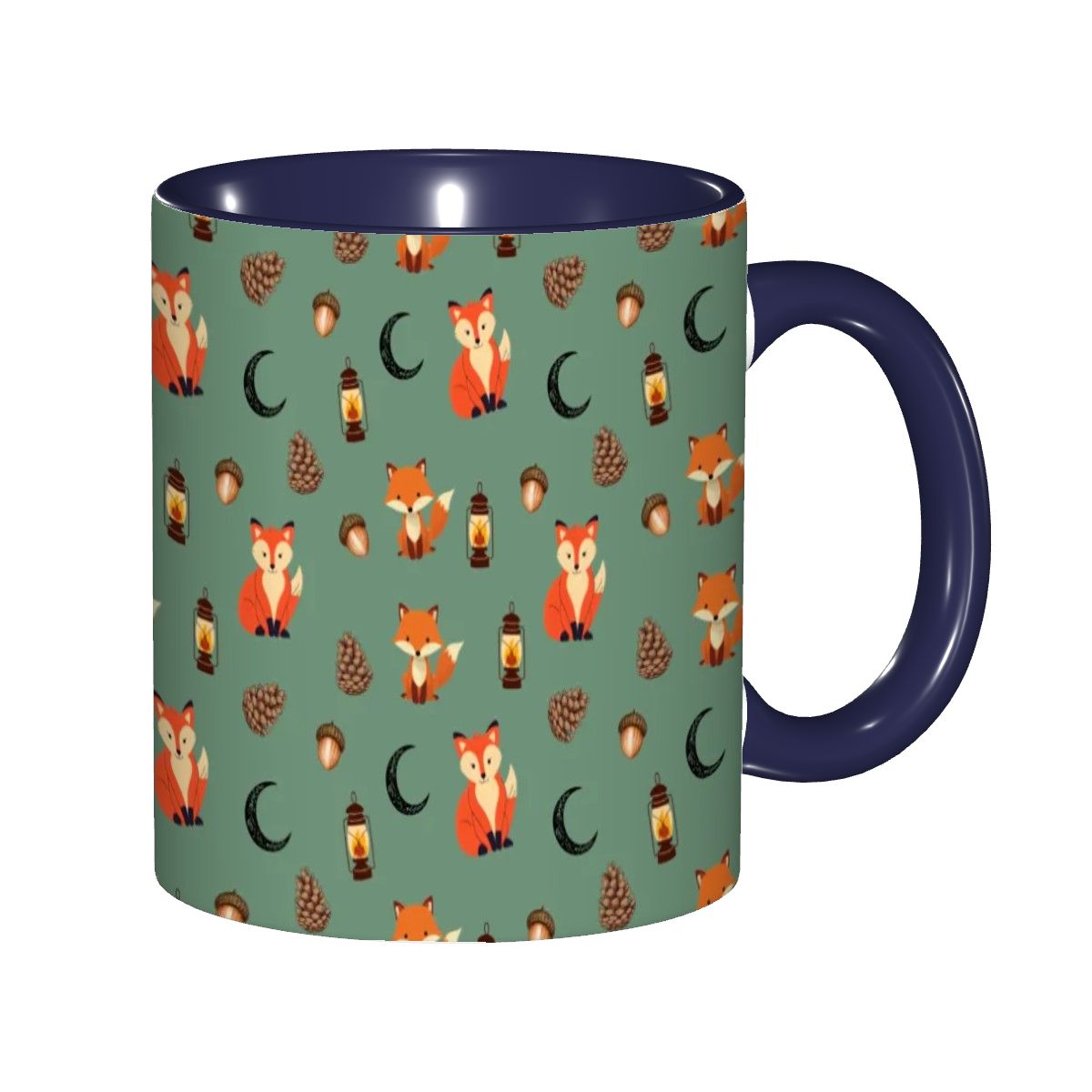 Foxlight Trail 11oz Mug – Whimsical Fox & Forest Lanterns on Muted Green | Woodland Coffee Cup by Rabbit Haven