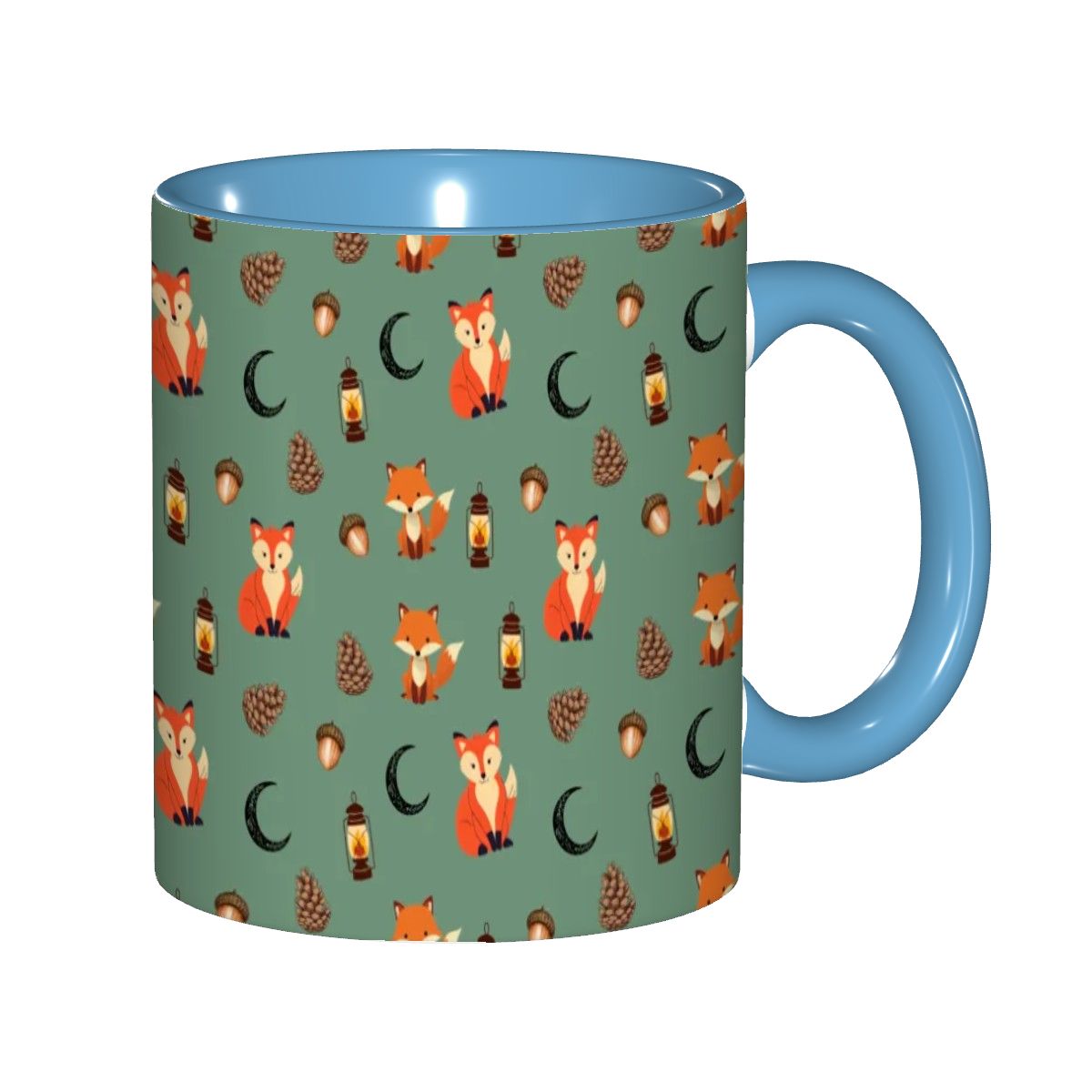 Foxlight Trail 11oz Mug – Whimsical Fox & Forest Lanterns on Muted Green | Woodland Coffee Cup by Rabbit Haven