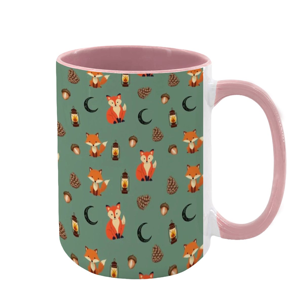 "Foxlight Trail" 15oz Mug – Whimsical Fox & Forest Lanterns on Muted Green | Woodland Coffee Cup by Rabbit Haven