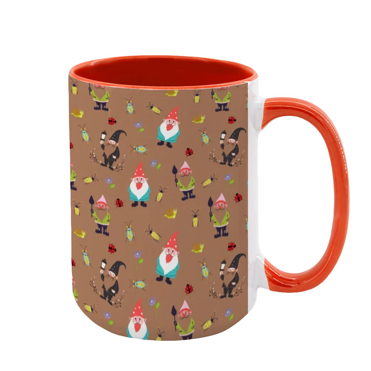 “Gnome Trails” 15oz Mug – Whimsical Gnome Pattern, Large Coffee Cup, Brown Background, Woodland Forest Gift