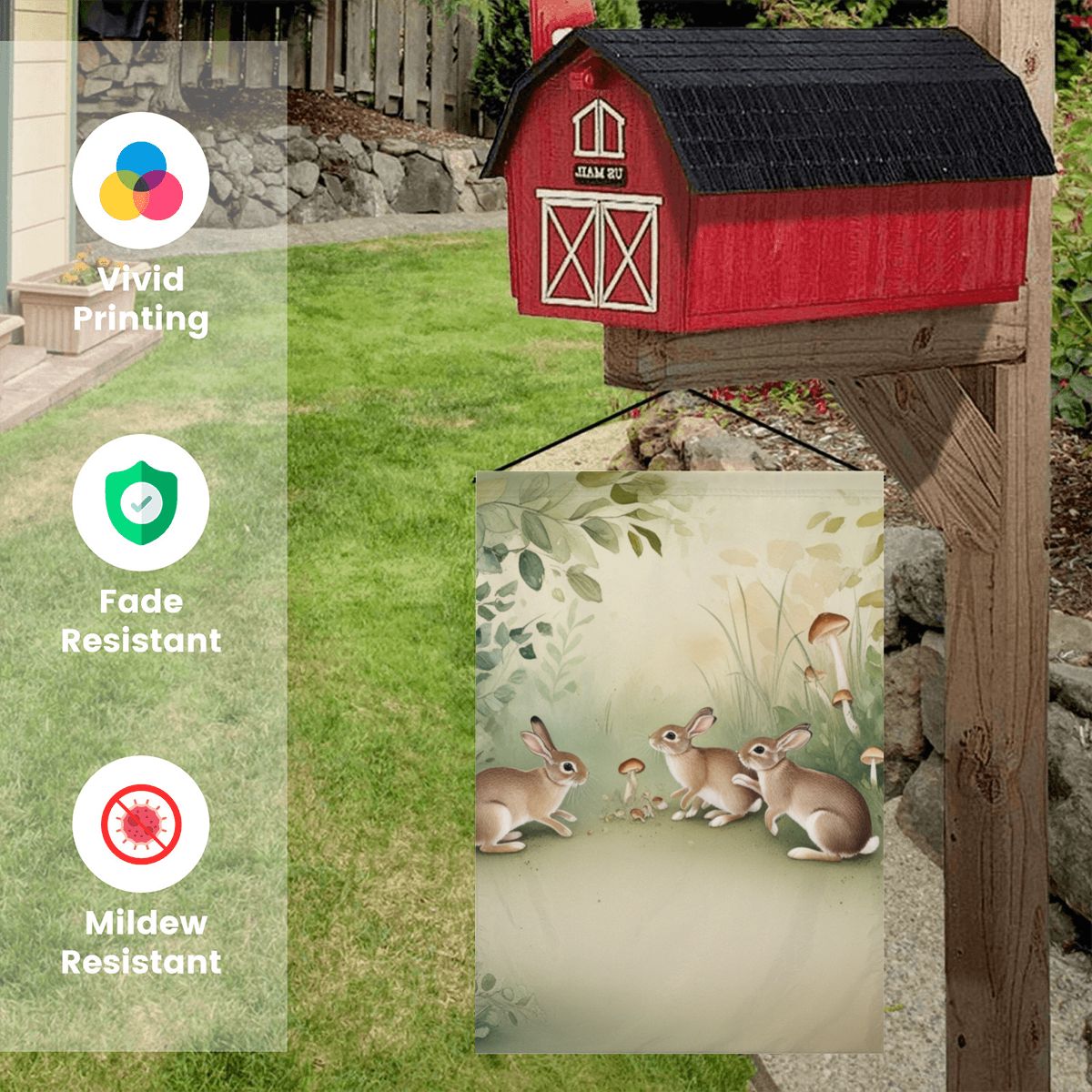 Meadow Gathering Garden Flag – Whimsical Bunny and Mushroom Outdoor Decor
