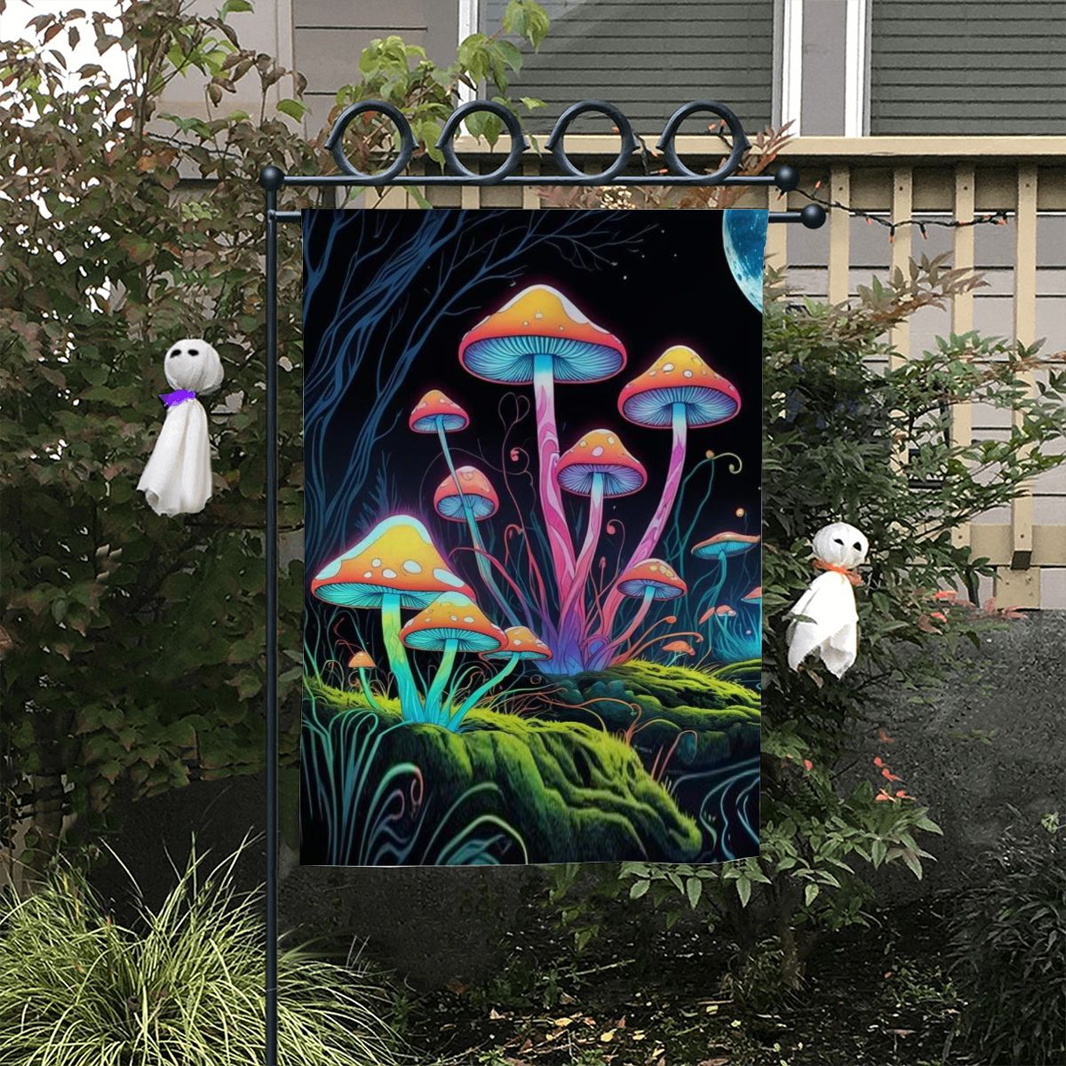 Starlit Mushrooms Garden Flag – Magical Neon Mushroom Outdoor Decor