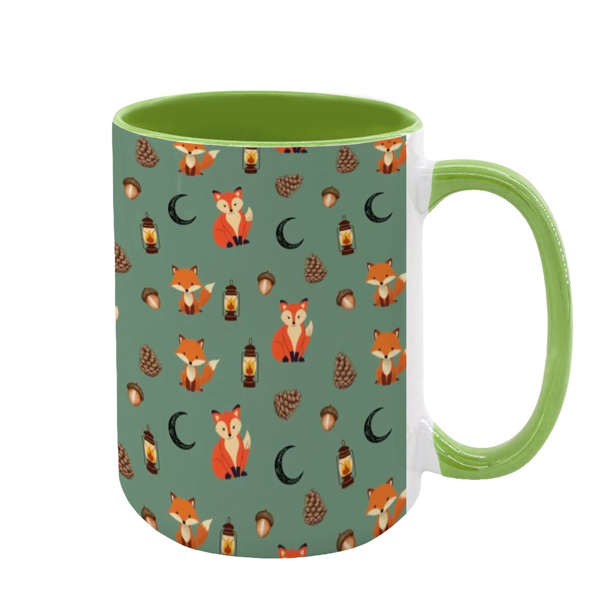 "Foxlight Trail" 15oz Mug – Whimsical Fox & Forest Lanterns on Muted Green | Woodland Coffee Cup by Rabbit Haven