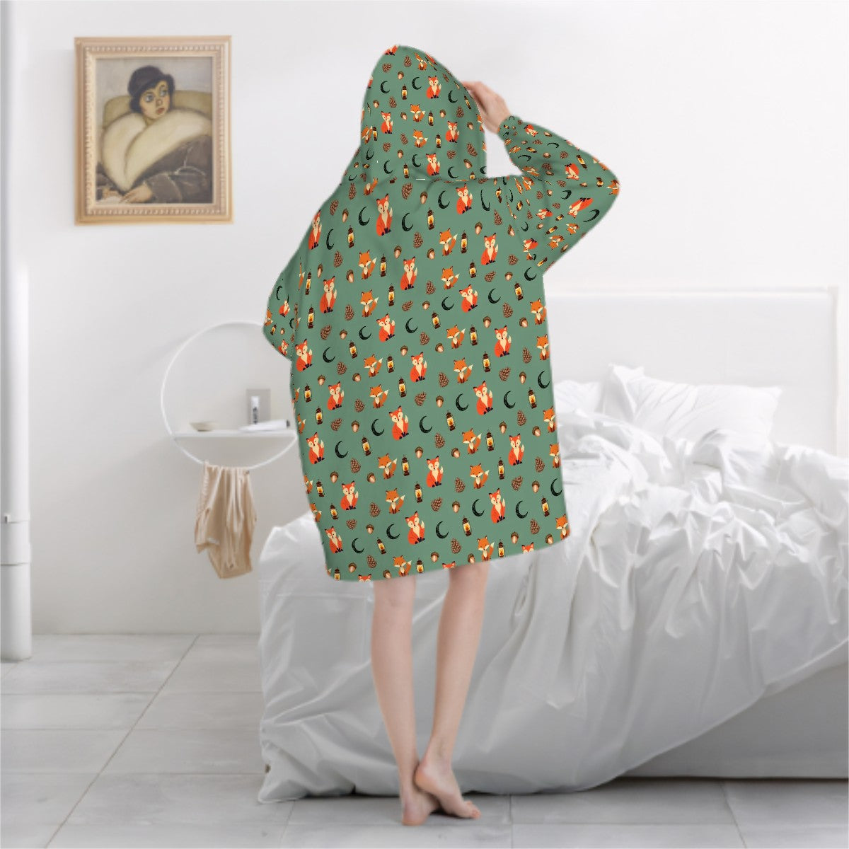 Foxlight Trail Blanket Hoodie – Woodland Foxes, Lanterns & Pinecones on Forest Green | Ultra-Soft Flannel, Cozy Loungewear for Nature Lovers