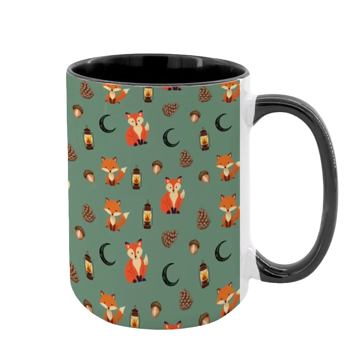 "Foxlight Trail" 15oz Mug – Whimsical Fox & Forest Lanterns on Muted Green | Woodland Coffee Cup by Rabbit Haven