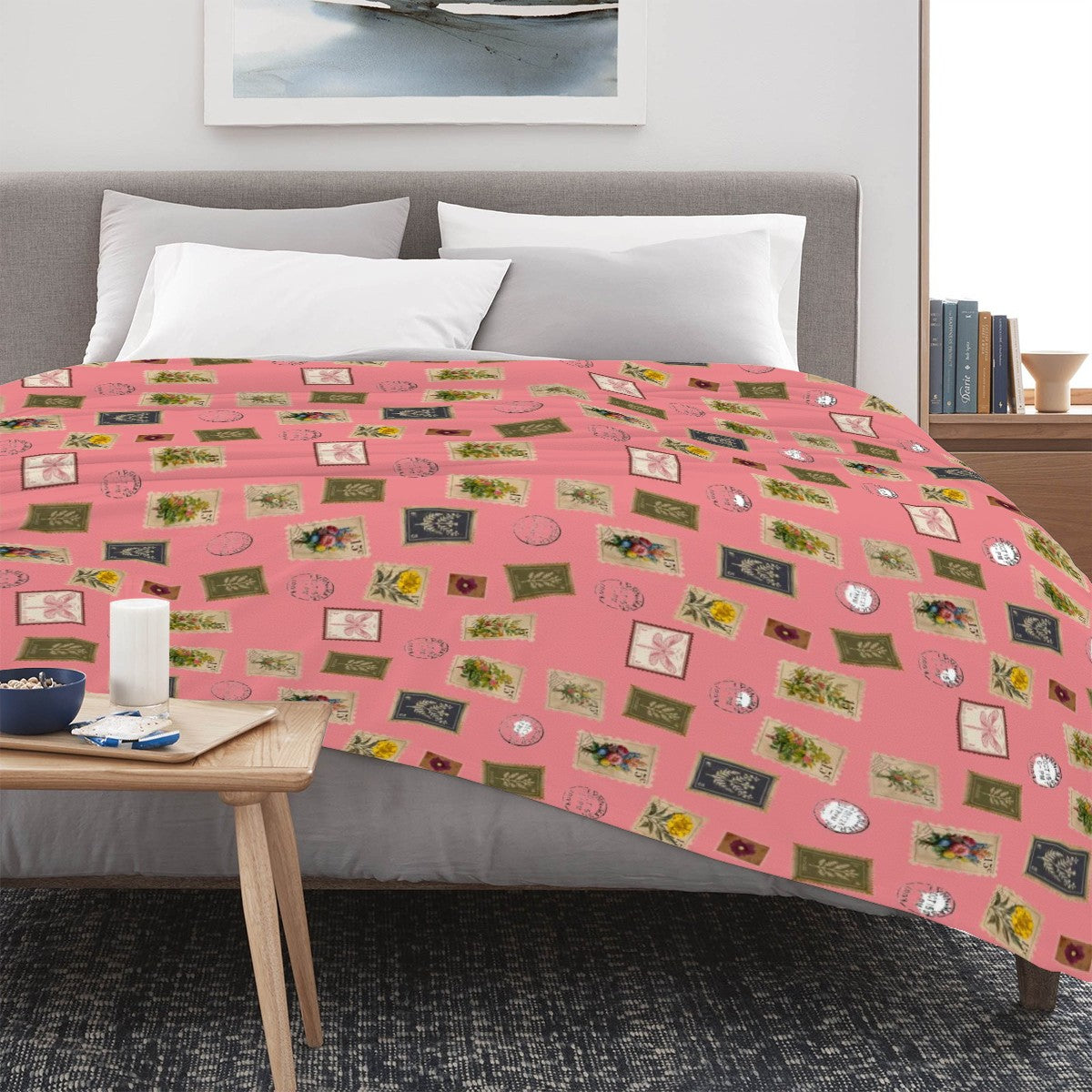 "Garden Postage" Blanket – Vintage Botanical Stamps on Pastel Rose | Cozy Floral Throw by Rabbit Haven