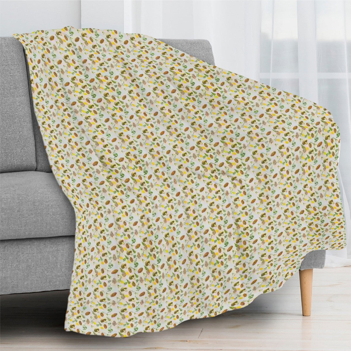 "Forest Forager" Blanket – Light Grey Fleece Throw with Mushrooms, Pinecones & Ferns, Cozy Woodland Nature Decor Gift
