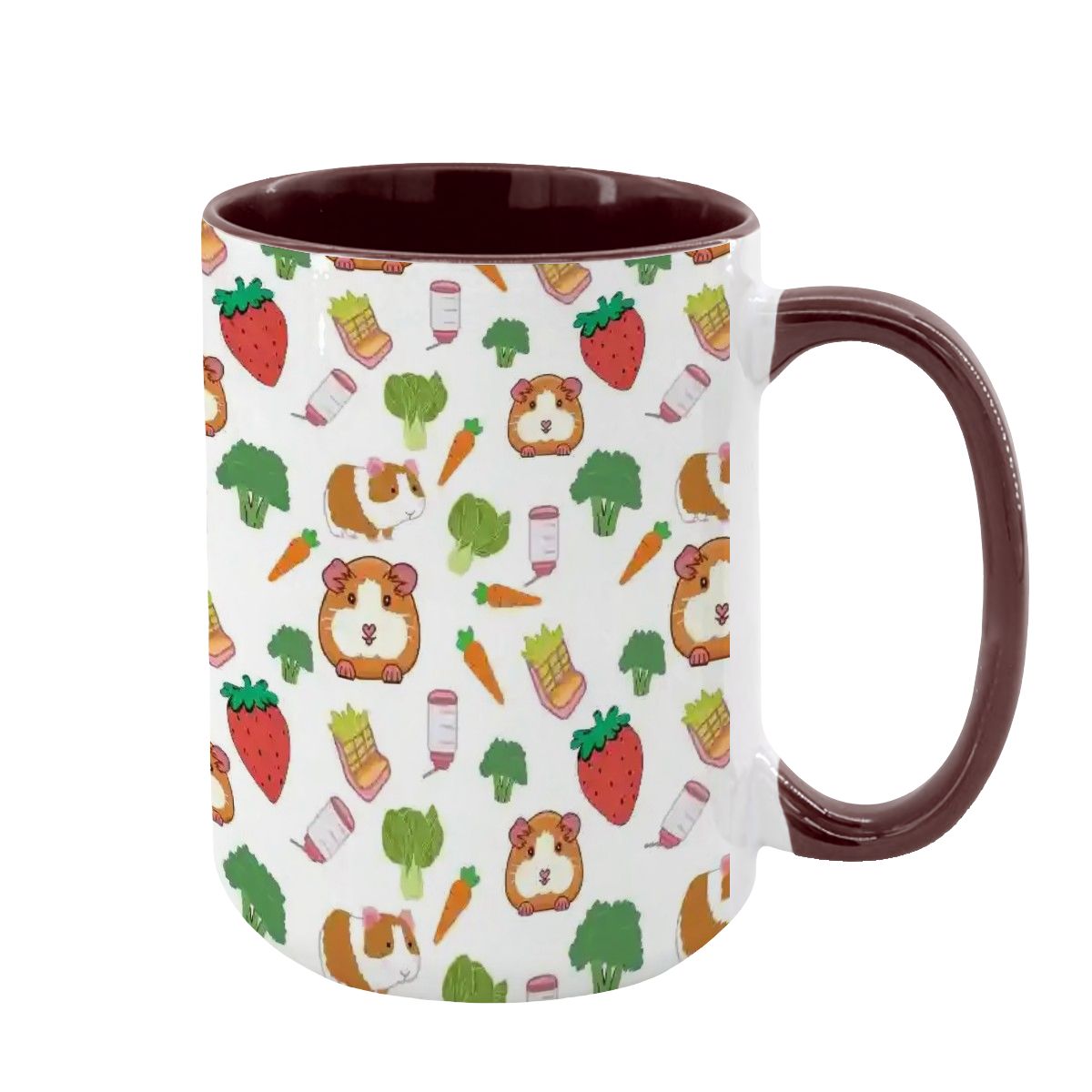 “Guinea Pig Picnic” 15oz Mug – Cute Guinea Pig, Veggies & Feeding Dishes Pattern, Large Coffee Cup, Pet Lover Gift