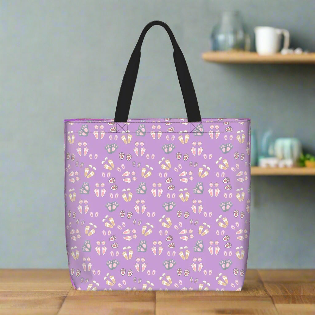 “Bunny Tracks” Shoulder Bag – Lavender Background, Cute Rabbit Paw Print Pattern, Large Zip-Top Purse, Animal Lover Gift