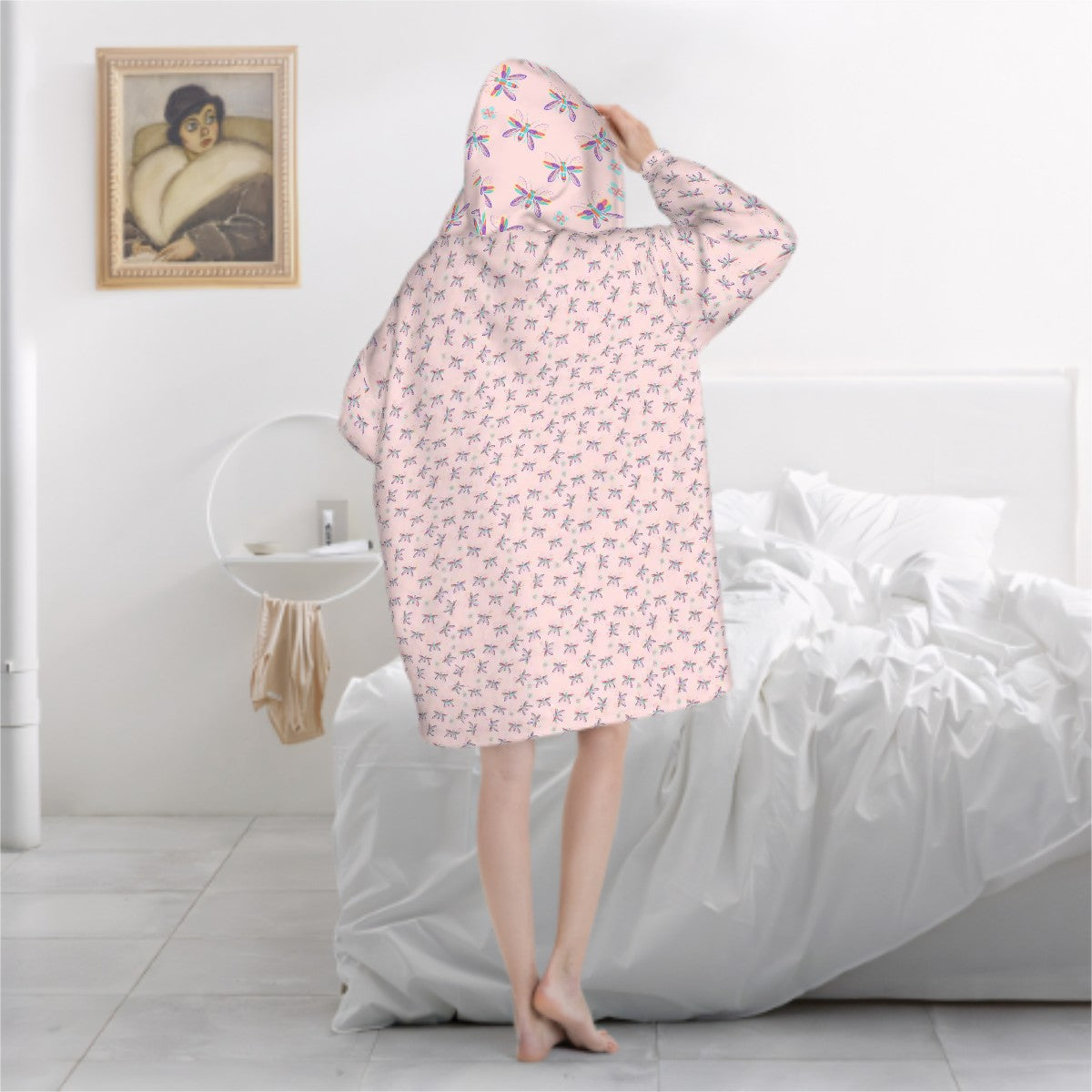 "Iridescent Flight" Pink Blanket Hoodie – Cozy Whimsical Loungewear with Dragonflies