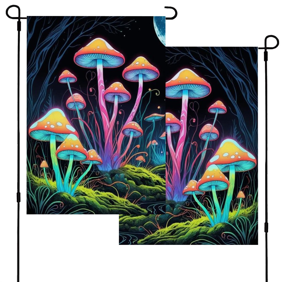 Starlit Mushrooms Garden Flag – Magical Neon Mushroom Outdoor Decor