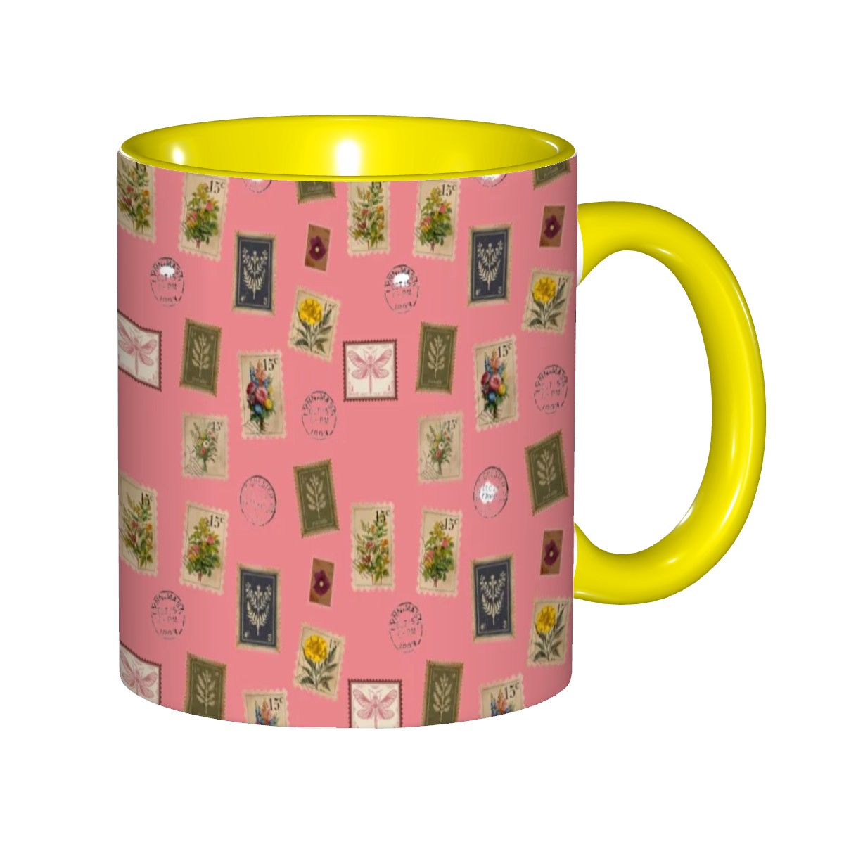 "Garden Postage"11oz Mug – Vintage Botanical Stamp Print on Pastel Rose | Floral Coffee Cup by Rabbit Haven