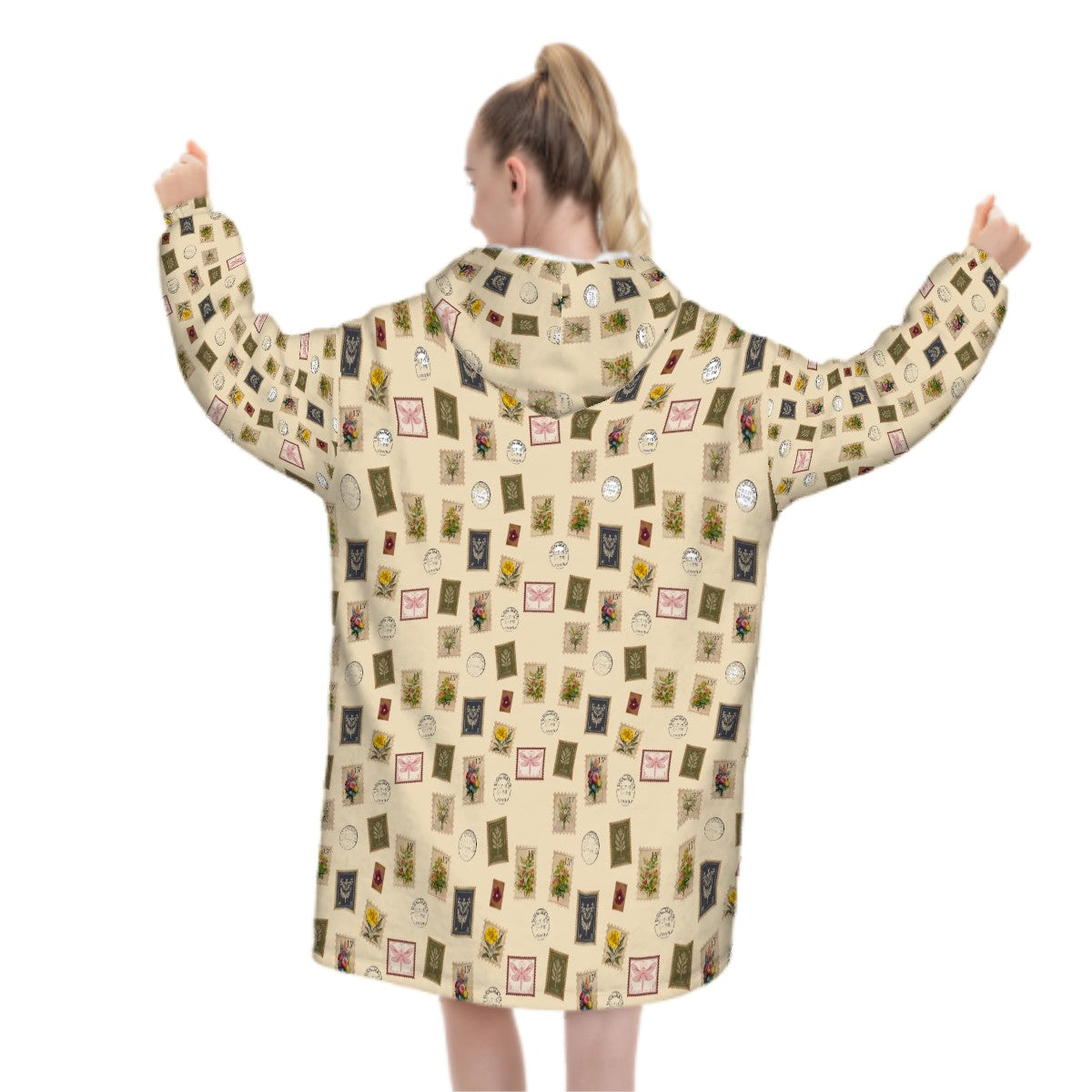 "Garden Postage" Adult Blanket Hoodie – Cream Background, Cozy Floral Stamp Print